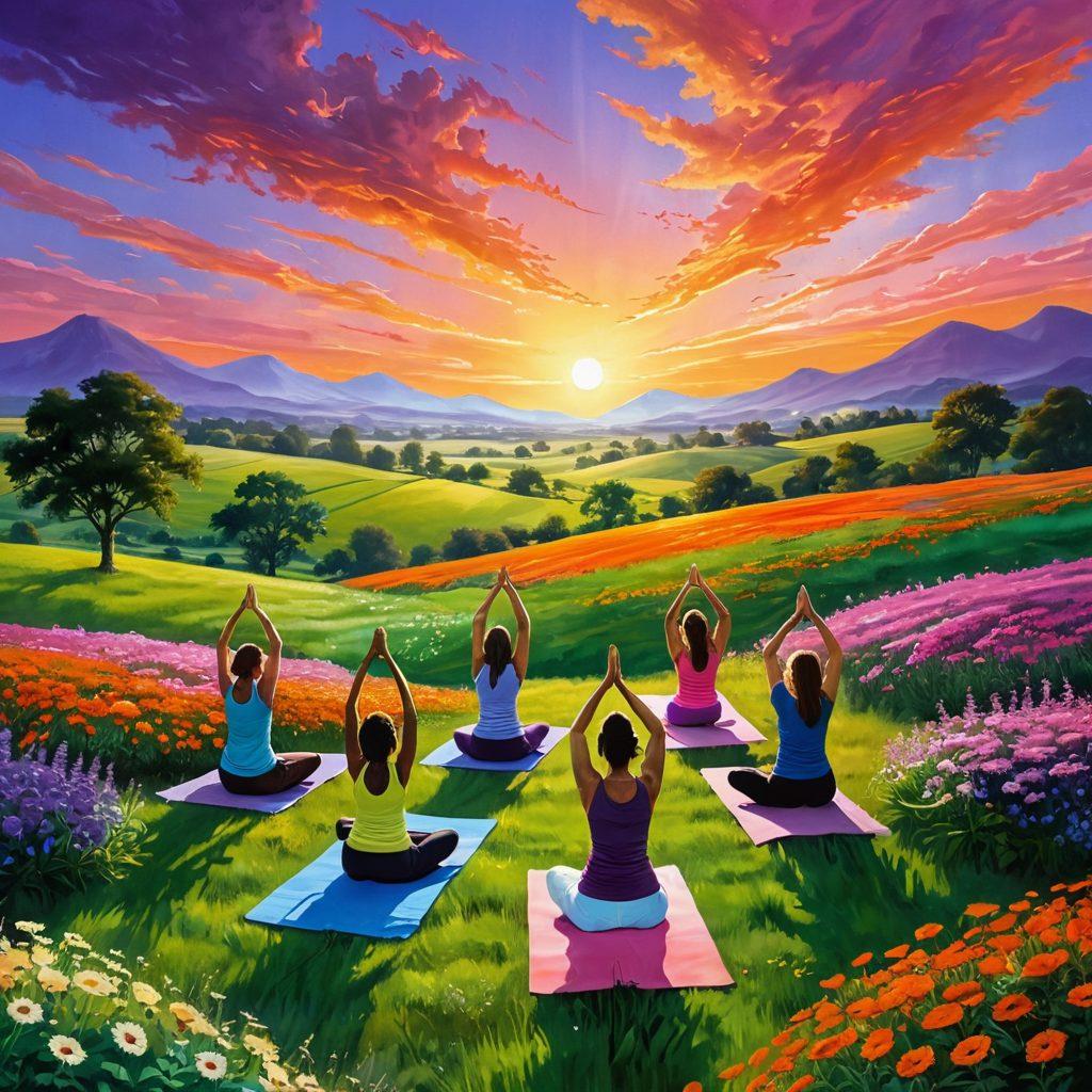 A radiant sun setting over a serene landscape, symbolizing hope and energy. A diverse group of people joyfully engaging in various activities that promote wellness and happiness, like yoga, dancing, and painting. Lush green fields and colorful flowers surround them, representing growth and vitality. A brilliant sky filled with vibrant hues of orange, pink, and purple enhances the feeling of exuberance. super-realistic. vibrant colors. inspirational atmosphere.