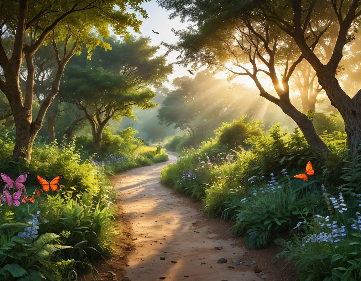 A serene landscape depicting a radiant sunrise over a tranquil path winding through lush greenery, symbolizing the journey to happiness. Include joyful people of diverse backgrounds walking hand-in-hand, each with bright smiles, and ethereal butterflies dancing around them. The scene radiates warmth and hope, inviting viewers to explore their own paths to joy. super-realistic. vibrant colors. peaceful atmosphere.