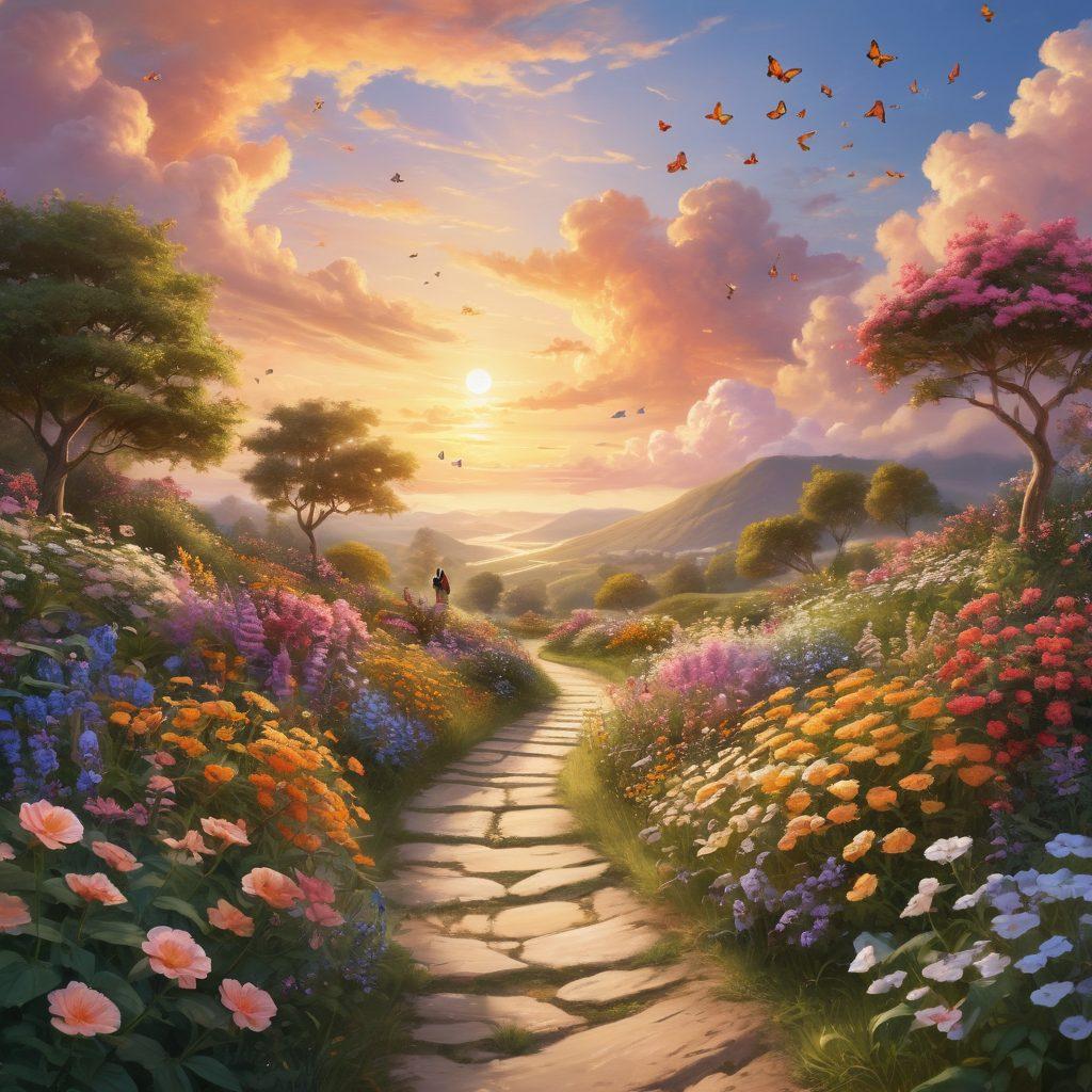 A lush, serene landscape with a sunrise casting warm golden light, featuring a winding path surrounded by blooming flowers and whimsical butterflies. In the foreground, joyful people of diverse backgrounds laughing and embracing each other, symbolizing unity and happiness. The sky is a vibrant blend of pastel colors, and soft clouds float above. bright colors. super-realistic. whimsical style.